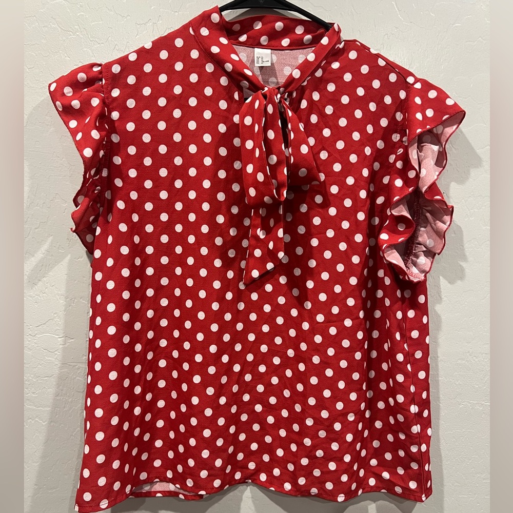 Red & White Polkadot Toe-Neck Blouse with Flutter Sleeves Size XL
